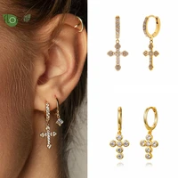 925 sterling silver needle cross pendant hoop earrings for women fashion zircon hoop gold earrings high quality luxury jewelry