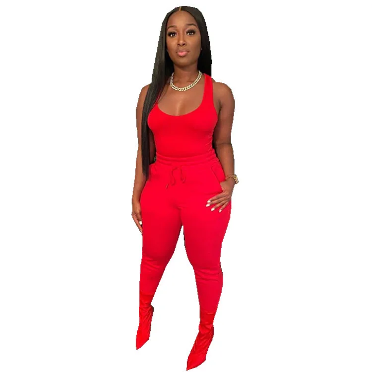 

Solid red/pink/yellow/purple/green/black/blue trouser women clothing 2 pieces set 2022 Summer tank top+women pants suits