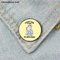 hippo hugs printed pin custom funny brooches shirt lapel bag cute badge cartoon cute jewelry gift for lover girl friends