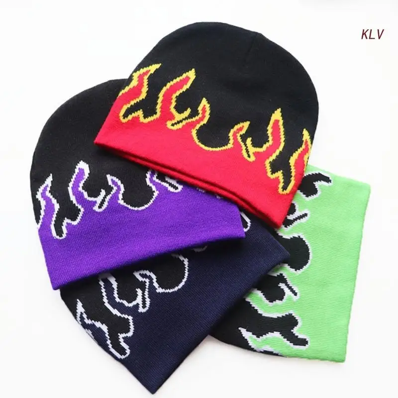 

Y2K Beanies Flame Knit Hat Slouchy Graphic Beanie Skullies Beanie Flame Skull Cap