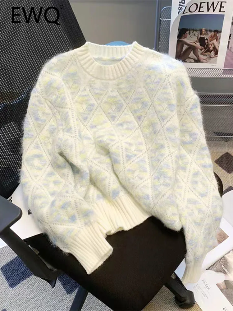 

Женский трикотажный пуловер в клетку, с круглым вырезом и длинным рукавом