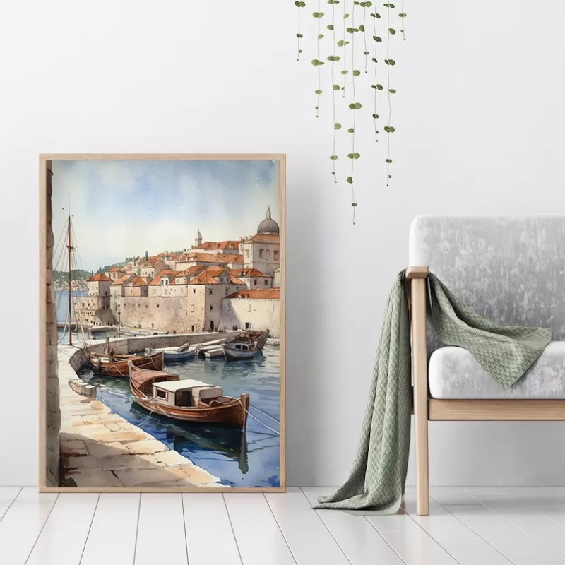 Акварель средиземноморский Дубровник старый город лодка берег городская пейзаж