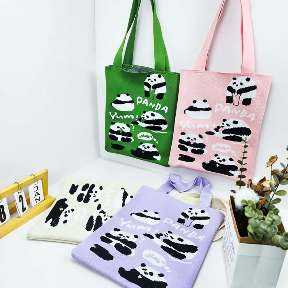 

High-capacity Hand-woven Bag Handmade Panda Knit Tote Bag Knot Wrist Bag Mid-autumn Festival