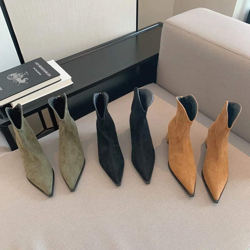 

Women Ankle Boots British Style Plus Size Zip Stretch Boots Casual Flock European American Boots Women Daily Office Lady Footwea