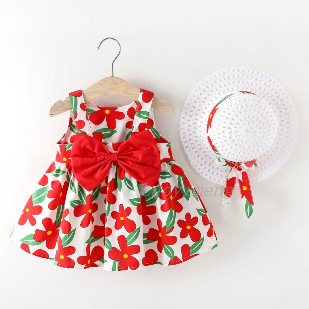 

2Pcs/Set Flowers Baby Girls Dresses Summer Fashion Toddler Girl Children Clothes Beach Dress Kid's Costume With Hat 3 6 9 12 18M