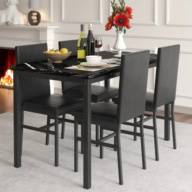 5Piece Dining Table Set Modern Faux MarbleTabletop and 4PU Leather Upholstered Chairs 1