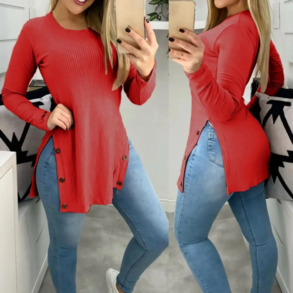 

Tunic Blouse Crew Neck Slim Blouse Side Split Buttons Decor Ribbed Pullover