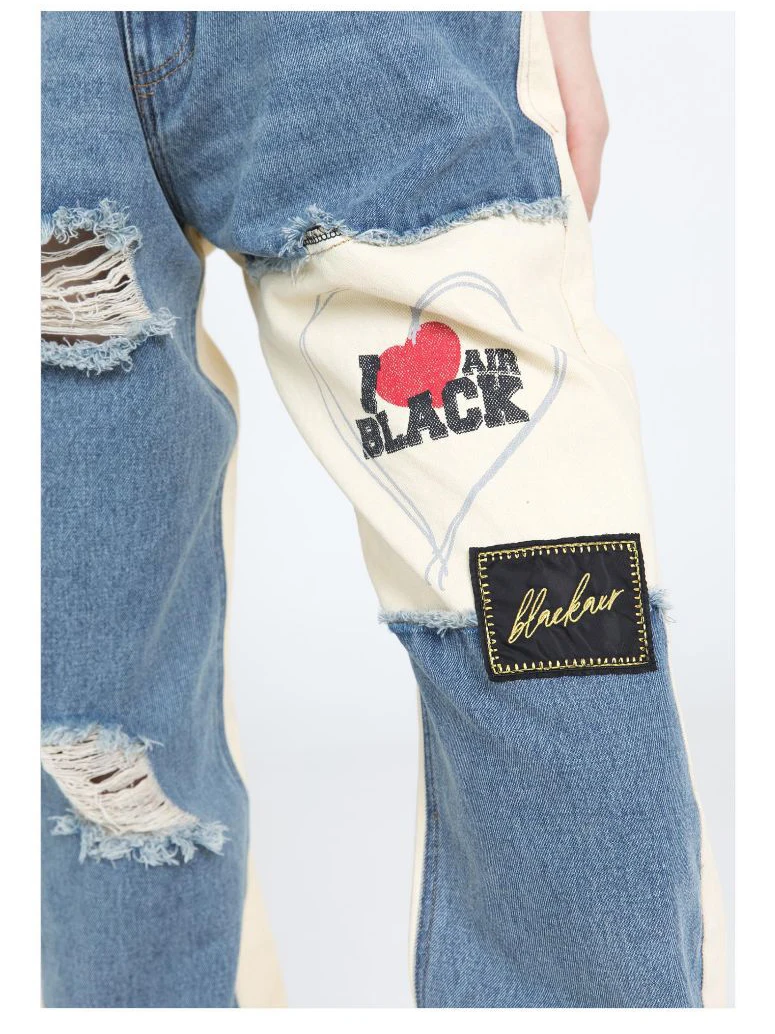 Джинсы мужские прямые в стиле пэчворк винтажные рваные брюки High Street с принтом