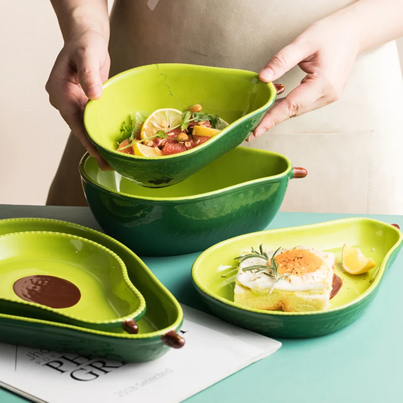 Creative Avocado Plate Ceramic Tableware Household Dishes Snack Dessert Fruit Salad Plate Avocado Bowl Porcelain Dinnerware Sets
