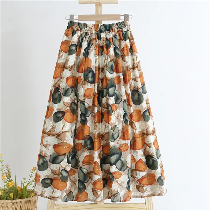 

A-Line Vintage Cotton Linen Skirt Women Floral Soft Elastic Wasit Pleated Midi Large Size 2XL 20222 Summer