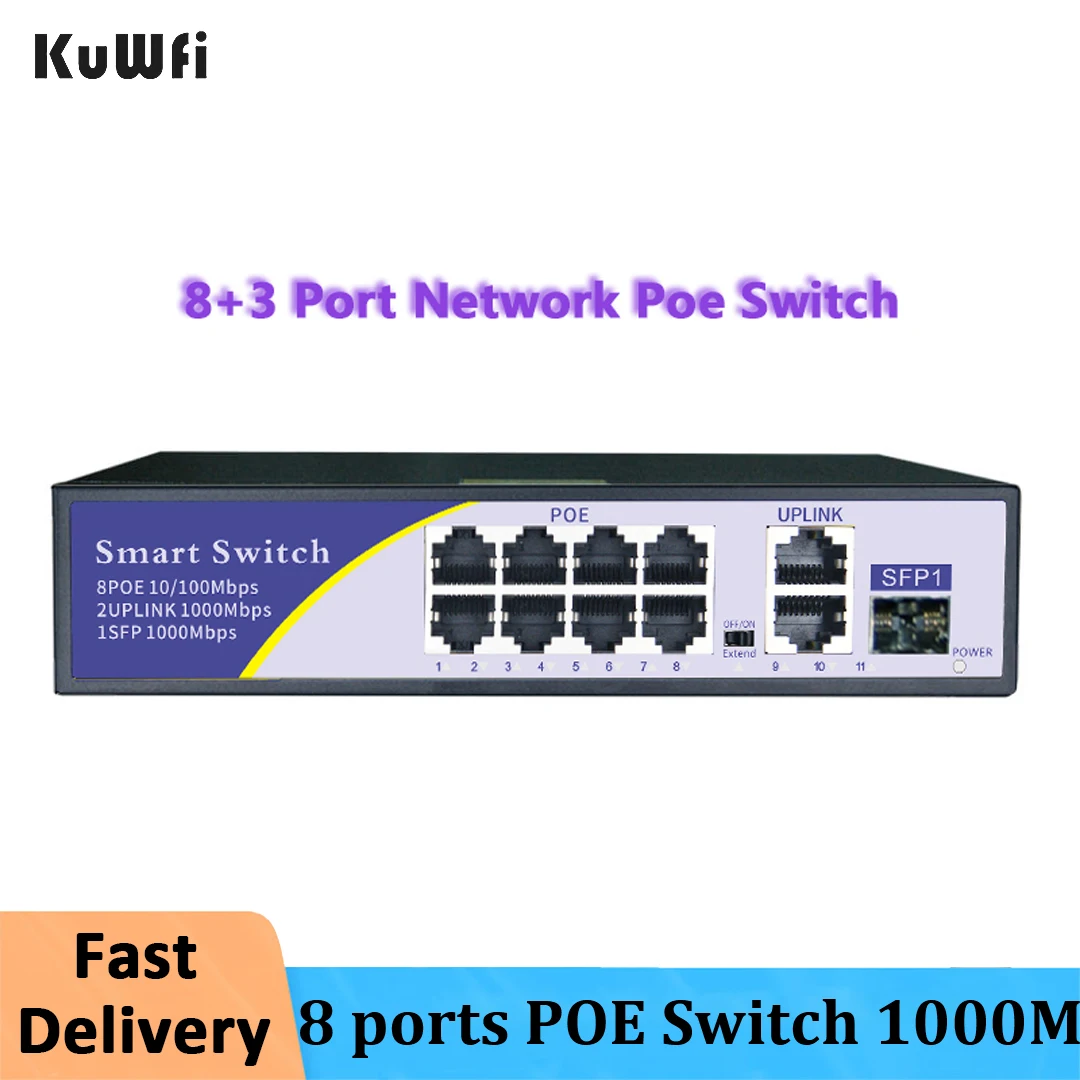 KuWFi POE Switch 8 ports 1000M  Rack Mount Ethernet Network Switch High Performance RJ45 Hub Internet Splitter