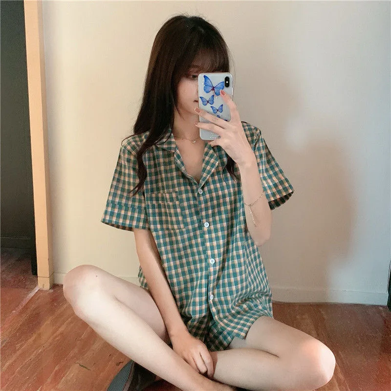 Korean Sleepwear Set Summer Short Sleeve Lapel Women Pajamas Japanese Plaid Print Homewear Plus Size 2Piece Pyjama Home Clothes