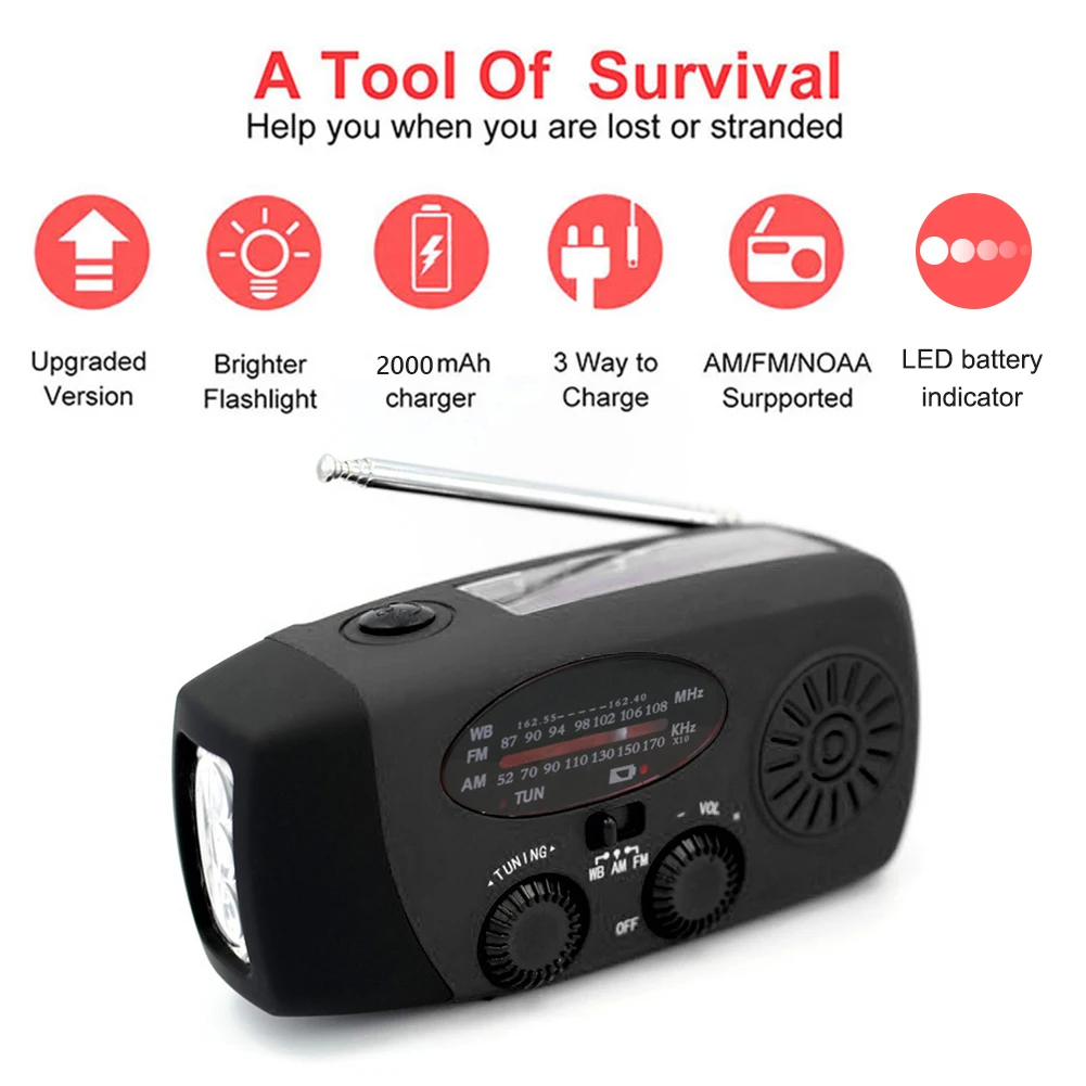 

Multifunctional Weather Radio Solar Hand Crank USB Rechargeable Power Bank Outdoor Camping Hiking Flashlight Torch Lantern Tool