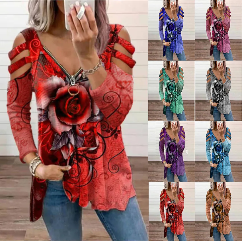 

Spring and Autumn Women's New V-neck Zipper Rose Print Casual T-shirt Top Women