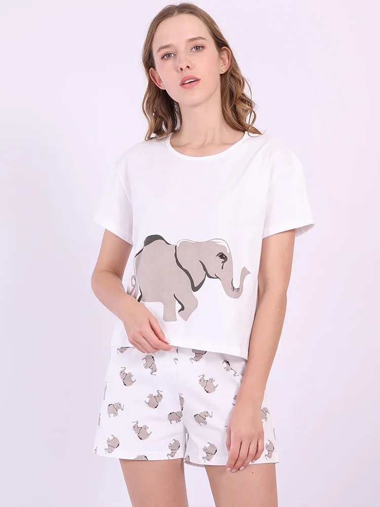 Cartoon Elephant Pajamas Sets Women Graphics Cute Cotton Tops Shorts Home Suit Sleepwear Pyjamas