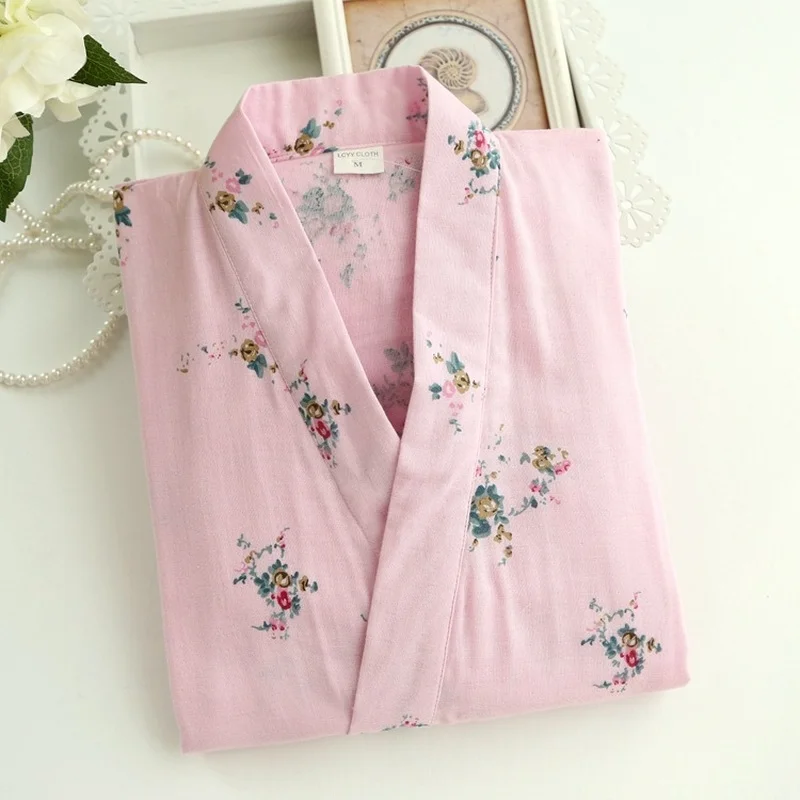 Japanese Kimono Women Traditional Japanese Yukata Robe and Pants Double Layered Cotton Gauze Pajamas Set