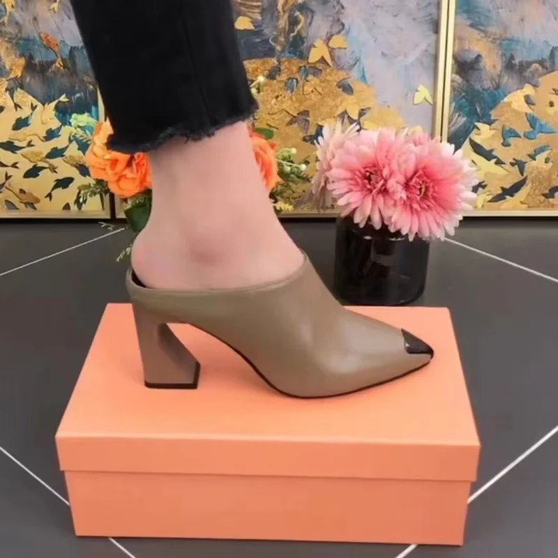

Comfortable Fashion High-heeled Shoes Women's 2023 Summer New Style Style Iron Bag Pointed Thick Heel Bag Half Slippers