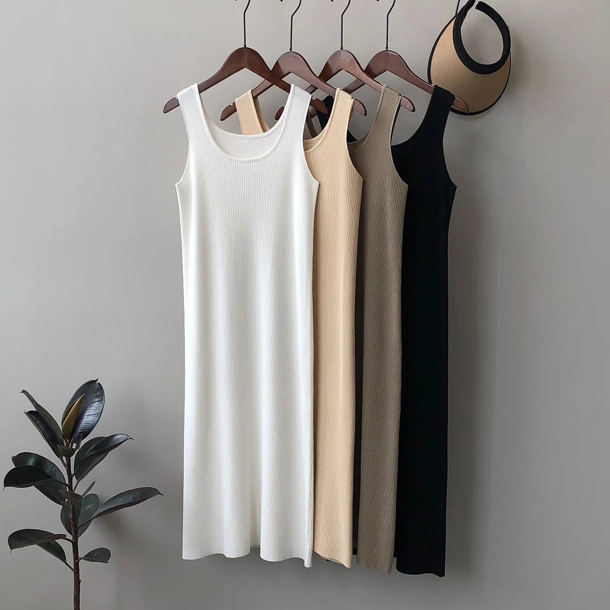

Elastic Slim Knitted Tank Dress White Khaki Brown Black Summer Casual Sleeveless Women Dress