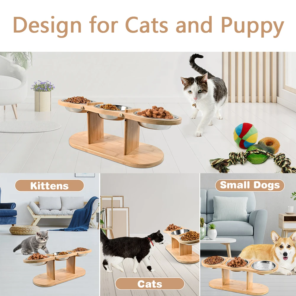 Приподнятая миска для корма и воды кошек деревянная домашних животных с