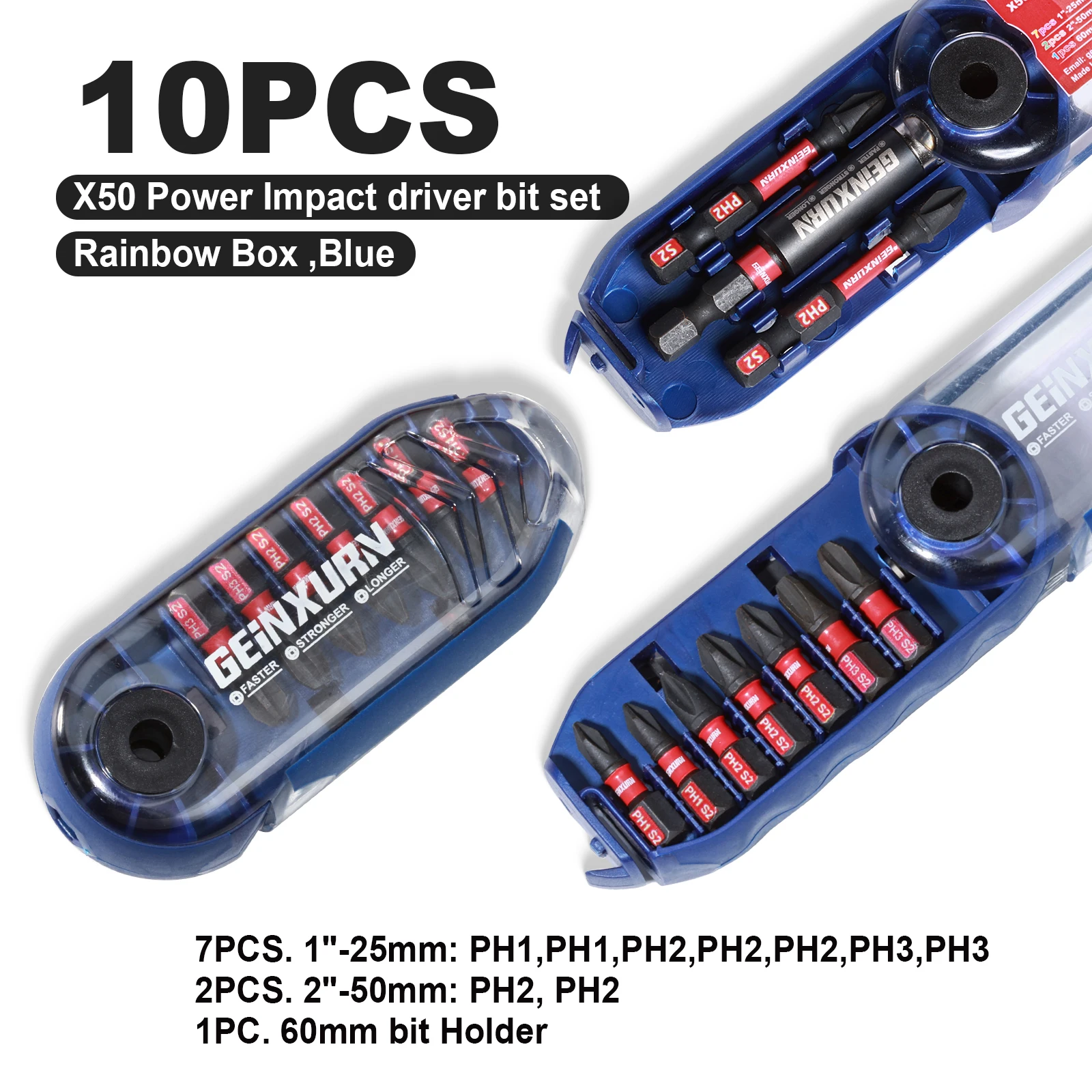 

Набор ударных отверток Geinxurn, 10 шт. Магнитные многофункциональные биты из стали S2 с ящиком для хранения M-Box (синие)