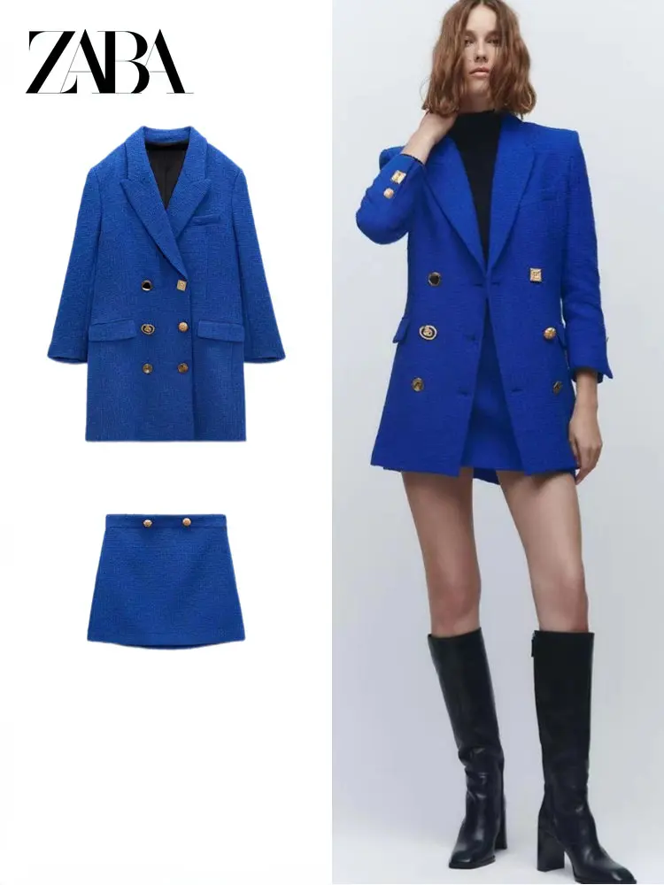 

ZABA Women's Retro Casual Women's Fashion Jacket Double Breasted Solid Color Slim Fit Suit Jacket Mid Length Top Mini Skirt Set