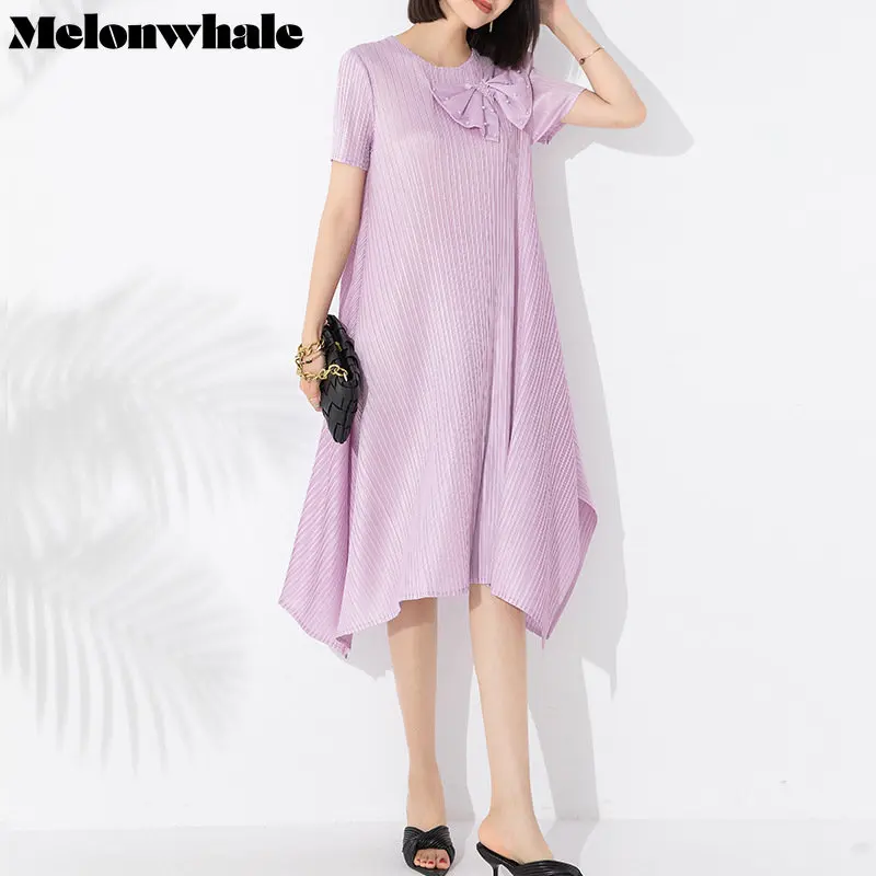 MelonWhale Solid Retro Bow Pleated Dress for Women Round Neck Short Sleeves Split A-line Dresses Female Clothing 2023 New