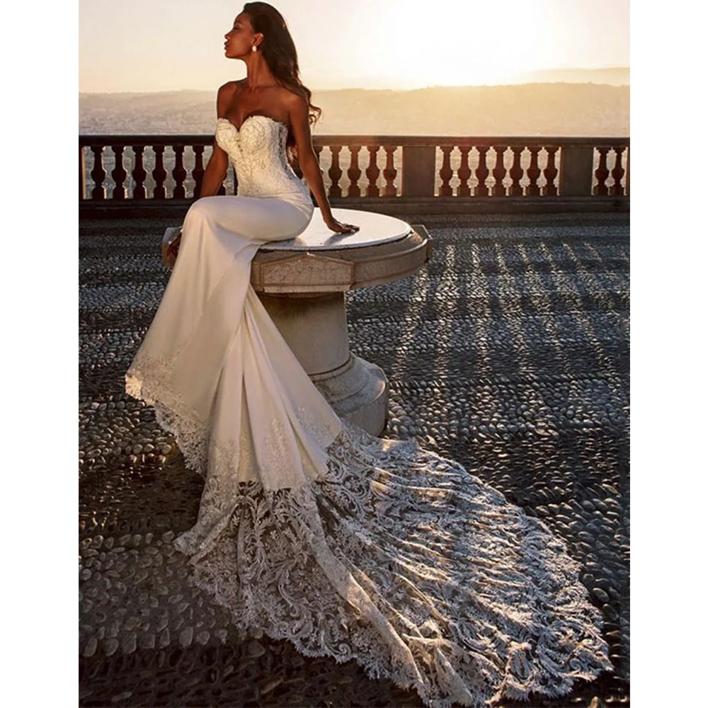 

Elegant Boho Sweetheart Collar Sleeveless Mermaid Wedding Dress For Bride Lace Cut-Out Appliques Backless Long Train Bridal Gown