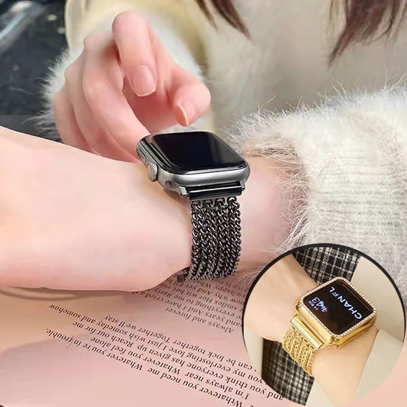 

Luxury Womens Bracelet For Apple Watch Gold Band 7 38 40 41mm Stainless Steel Strap For iWatch Se 654 42 44 45mm Chain Wristband