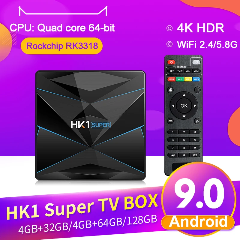 

HK1 Super Rockchip RK3318 H.265 Android 9.0 Smart Iptv Box 4K 4G Ram 128G Rom Support 2.4G/5G Wifi 100M Smart Iptv Box HK1 Super