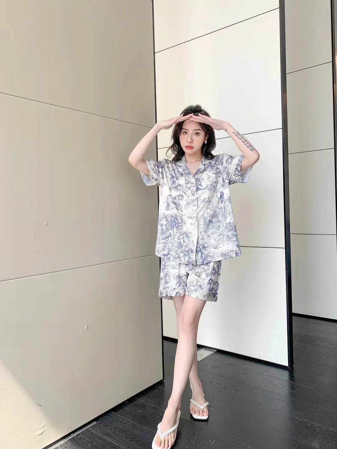 Summer 2023 new ink painting animal ice silk pajamas women's short sleeve shorts loungewear set