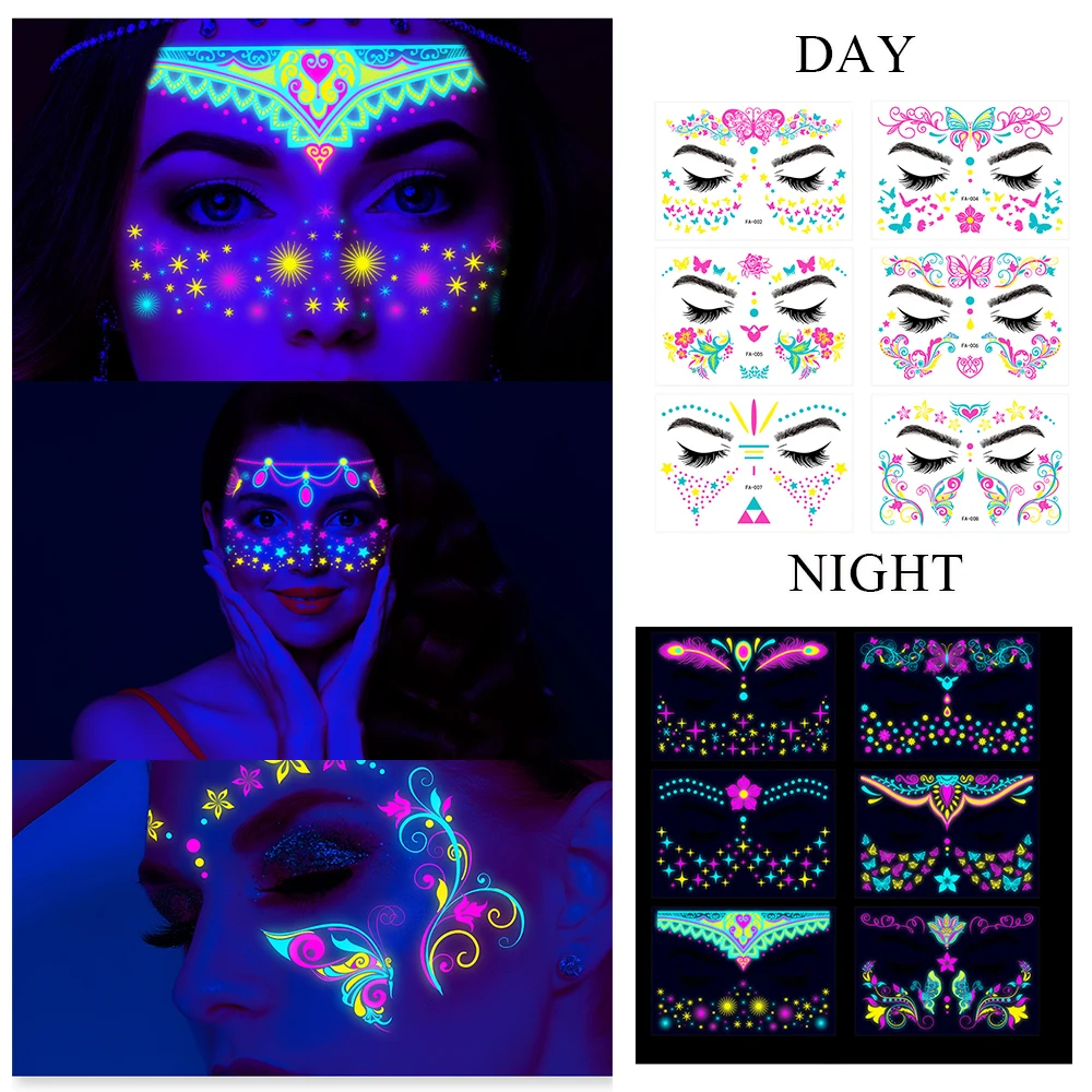 

Glowing Fake Tattoo Makeup Glitter Waterproof Temporary Tattoo Sticker Masquerade Neon Fluorescent Face Sticker Costume Party