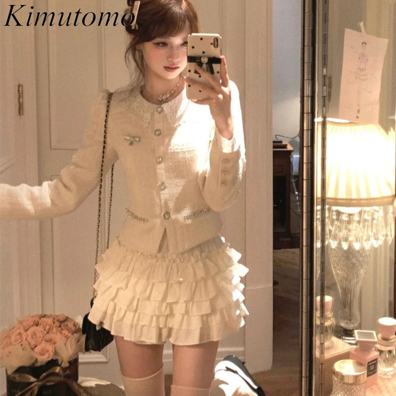 Kimutomo Two Piece Sets Womens Outfit Shiny Heavy Industry Lace Beaded Tweed Cropped Cardigan Multi Ruffles Mini Cake Skirt