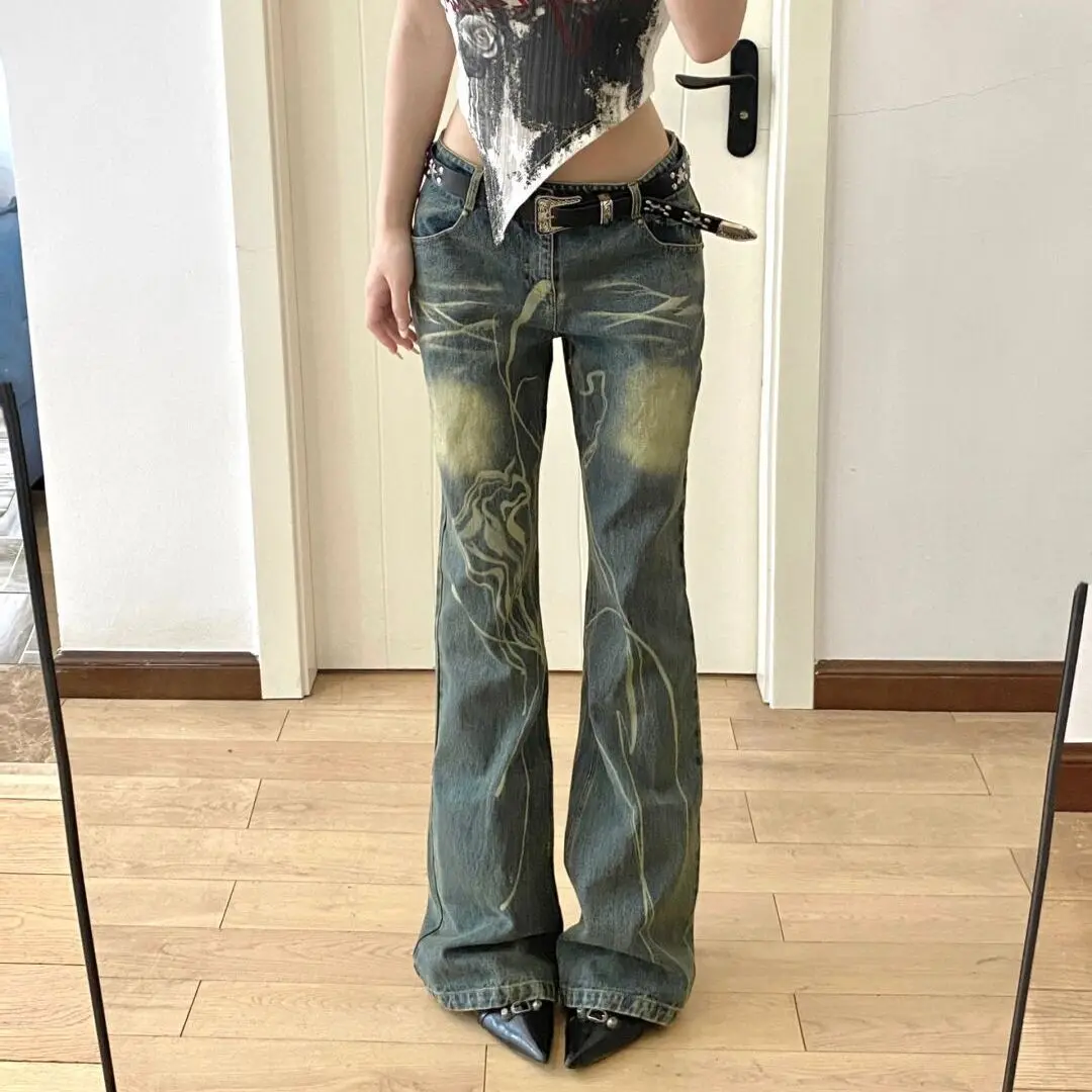 

American Style Y2K Old Washed Jeans Low Waist Design Pattern Micro Shaped Flared Trousers Tie Dyed Casual Floor Mopping Trousers
