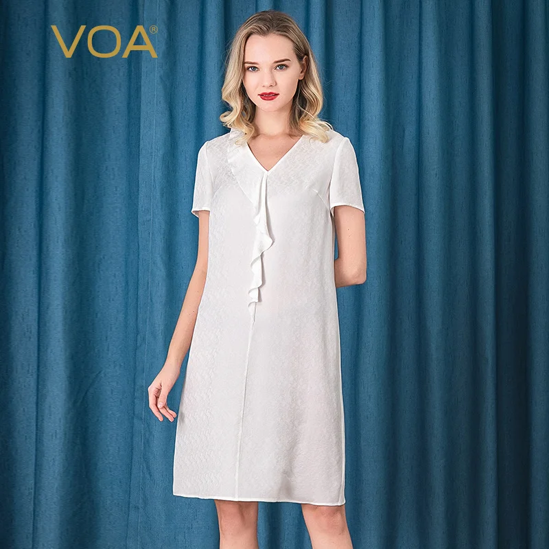

VOA Silk 22m/m White Jacquard V-neck Dresses for Women A0106 Large Sheet Stitching Short-Sleeved Casual Woman Summer Dress