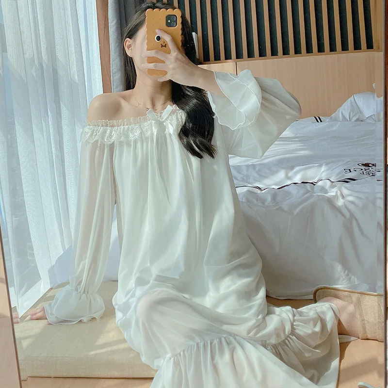 Slash neck Long Womens Nightgowns Dress Sleepwear Lace Sexy Luxury Homewear COTTON Sleepshirts Autumn Winter White