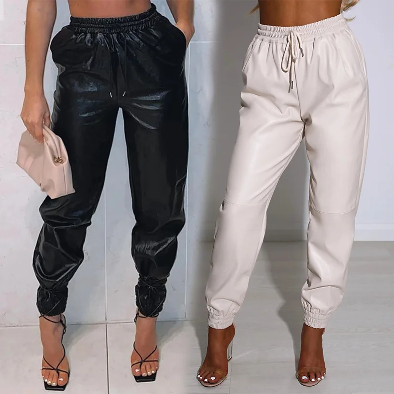 Spring/Summer 2022 Solid Color Fashion Elastic Waist Pu Versatile Casual Harem Pants Streetwear Women