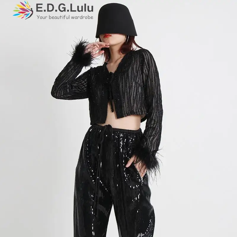 

EDGLuLu Leisure V-neck Lace-up Black Striped Sequin Shirts Cardigan Long Sleeve Feather Shirt Womens Blouses Autumn Blusas 1010