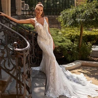 exquisite wedding dresses appliques lace luxury vestidos de novia mermaid strapless sleeveless v collar 2022 robe de mariee