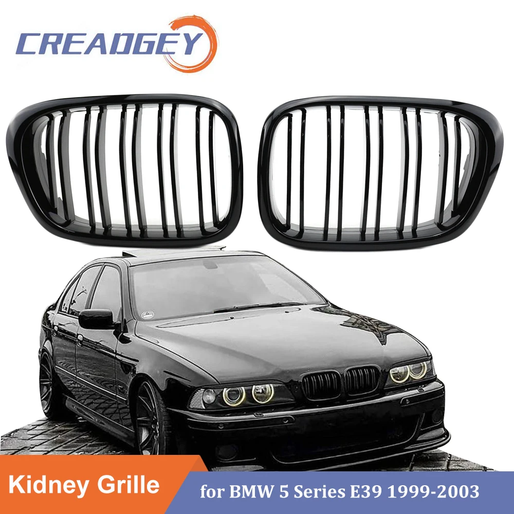 Car Gloss Matte Black Front Kidney Grille Double Slat Line Grill for BMW E39 1999-2004 5 Series 525i 528i 530i 540i M5 4-Door