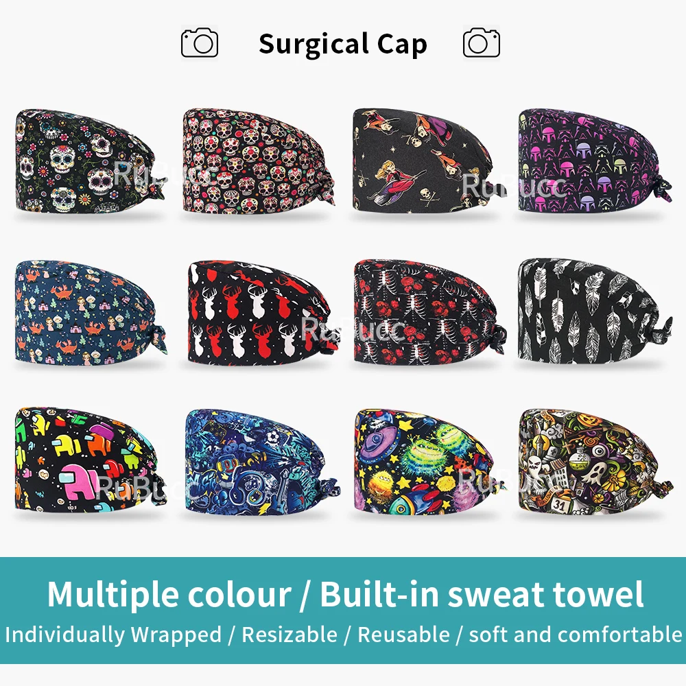 

100% Cotton Pet Clinic Headwear Clearance Dental Scrub Caps Nurse Scrubs Hat Nursing Skull Cap Women Men Veterinary Working Hats