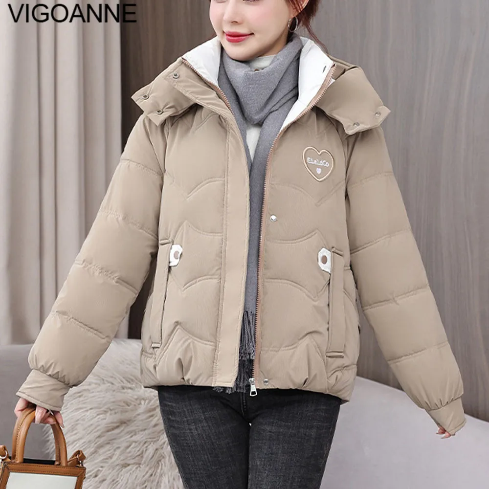 VigoAnne 2025 зимнее однотонное свободное пальто с капюшоном женская повседневная