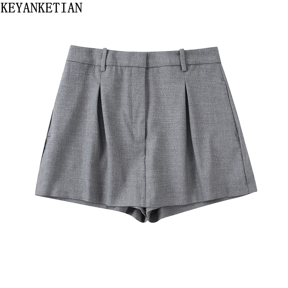 

KEYANKETIAN Women's Light Grey Low Waist Shorts Summer New Commuter Wind Pleated Design Office Lady Fashion Culottes