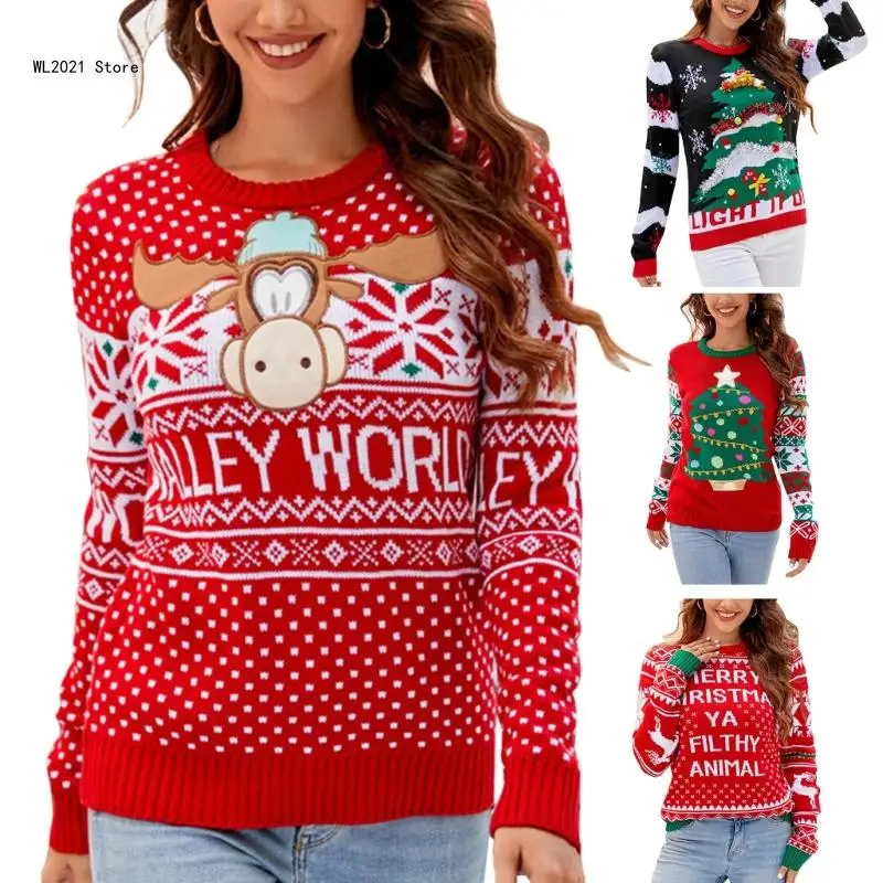 

Womens Crewneck Long Sleeve Sweater Autumn Winter Ribbed Knit Pullover Top Christmas Sweater Knitwear Tops