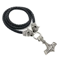 pagan wolf head leather chain thor hammer mjolnir pendant jewlery raven triskele trinity viking necklace men talisman amulet