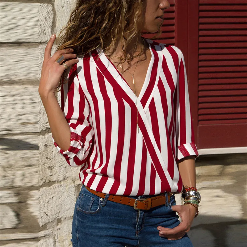 

Women striped blouse Shirt Long Sleeve Blouse V-neck Shirts Casual Tops Blouse meat Chemisier Femme Blusas Mujer de Moda -CH29