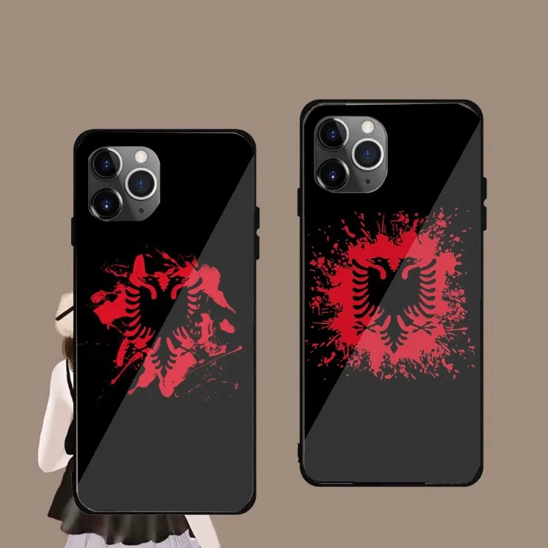 

Чехол для телефона с флагом Албании для IPhone 14, 13, 12, 11, XS, X, 8, 7, 6 Plus, Mini Pro Max, SE 2022, черный стеклянный чехол для телефона из поликарбоната и ТПУ
