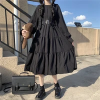 japanese harajuku women black midi dress gothic style suspenders bandage dress vintage ruffles long baggy cosplay costume