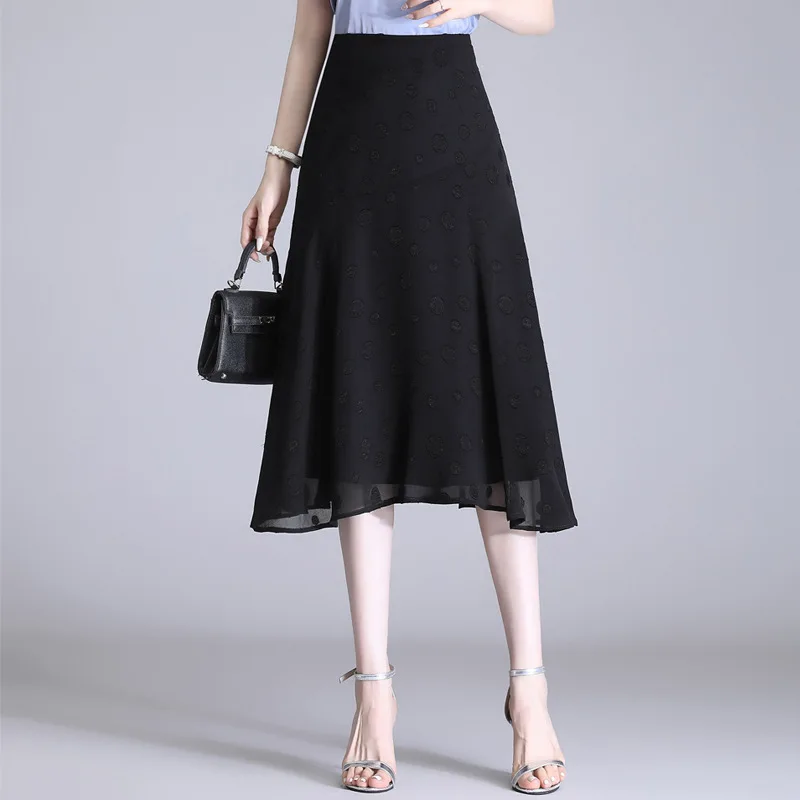 

Office Lady Zipper High Waist Black Jacquard A-line Skirts Summer Women Elegant Fashion Slim Fit Casual Work Mid-Calf 9908