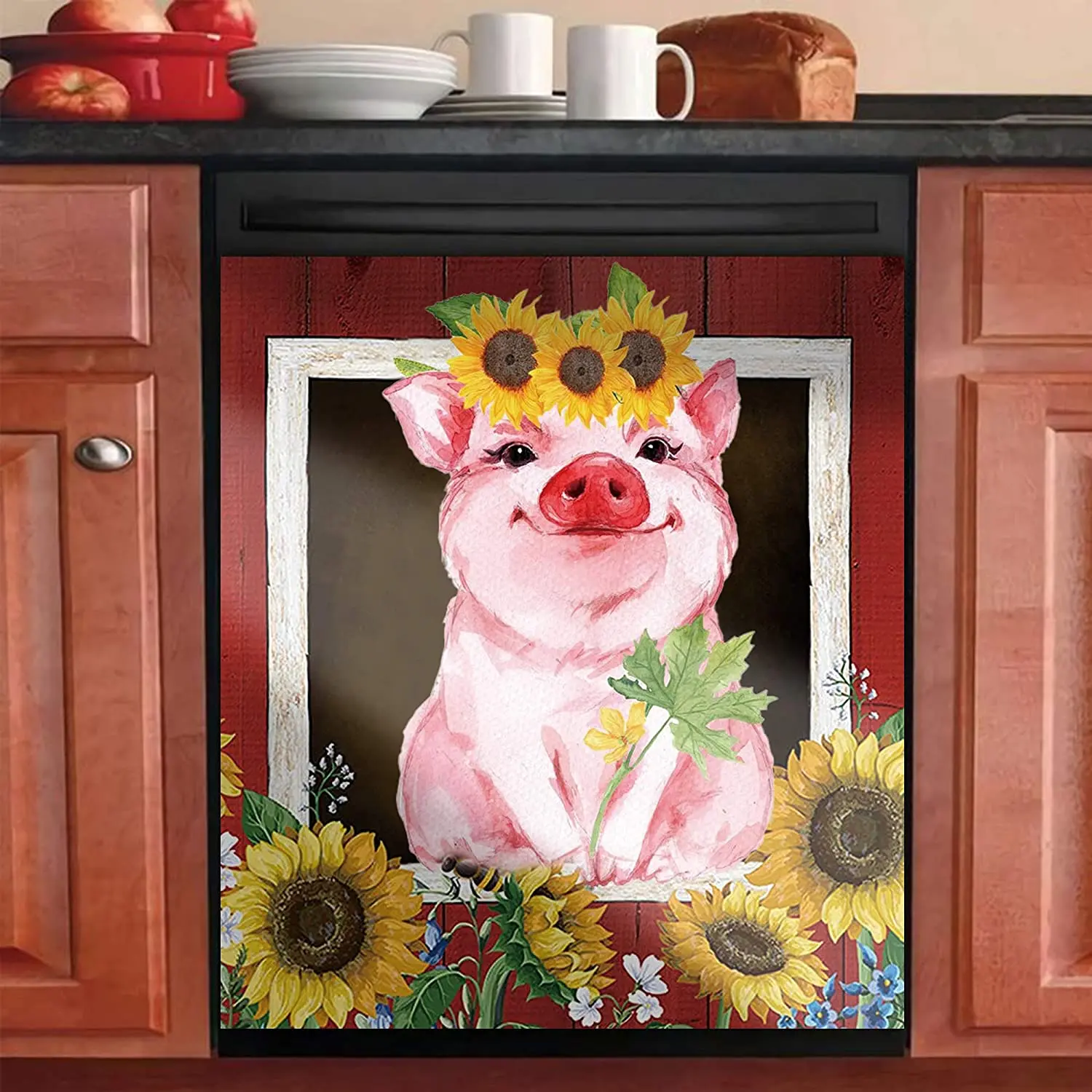 

MLGB Dishwasher Magnet Cover Decorative Pig and Sunflower with Red Barn Dishwasher Covers for The Front Magnetic Dishwasher Door
