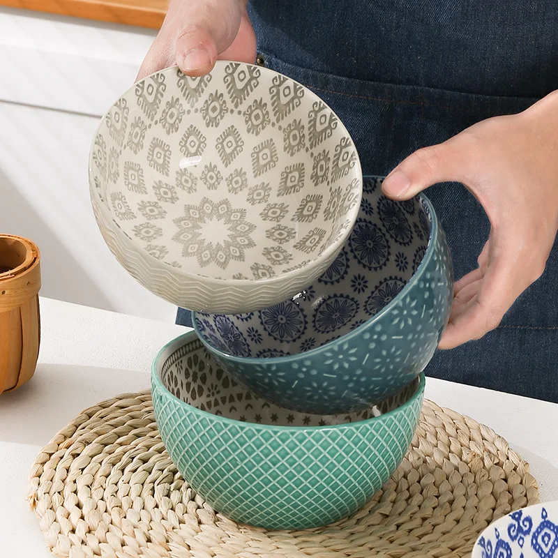 

Bohemian 6-inch Japanese-style Ceramic Household Underglaze Color Tableware Creative Relief Rice Bowl Dinnerware Set